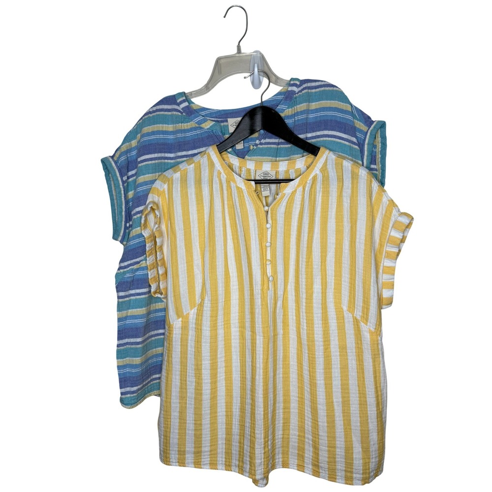 St Johns Bay Striped Gauze Cotton Tops Lot of 2 Women's Size 0X Blue Yellow